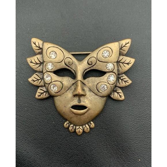 Vintage Masquerade Mask Lady Brooch Gold Mardi gras Large Rhinestone Pin - Picture 2 of 4